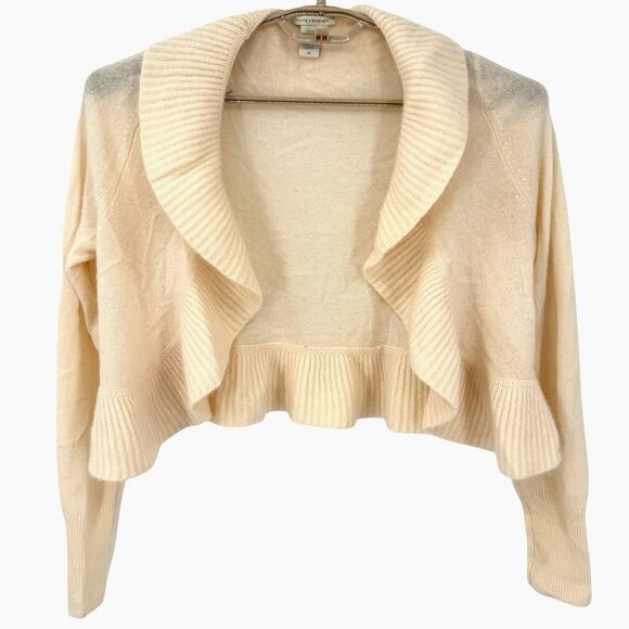 White & Warren 100% Cashmere Sweater Open Cardigan Ruffle Crean Size Medium - Picture 1 of 6